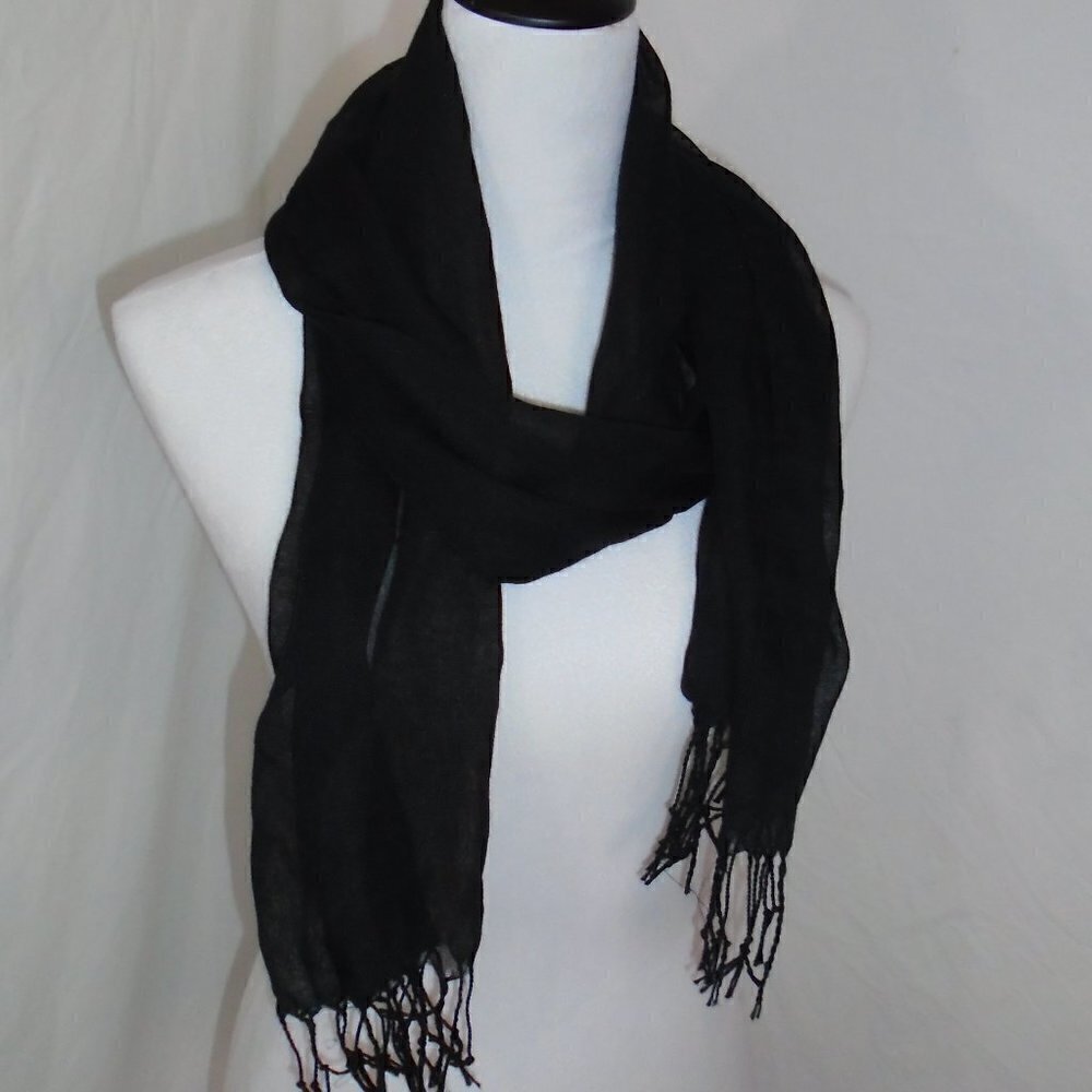 Black Sheer Fashion Scarf With Frills 14”x 68” Layered Look EUC